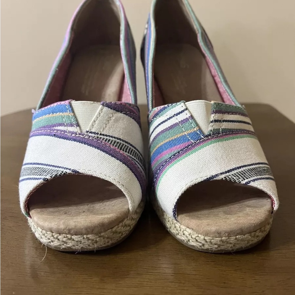 Toms Blue /Purple Canvas Espadrille Peep Toe Slip On Wedge Sandal W6